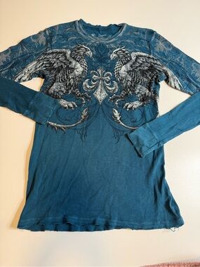Affliction Blue Thermal Long Sleeve Shirt XL Studded Griffin Eagle Y2K Biker